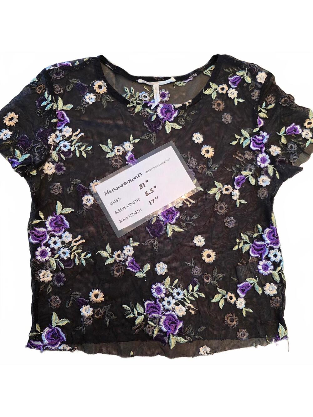 Urban Outfitters Black Mesh Tee Blouse with Embroidered Flowers Sz S 90's Crop - Picture 6 of 6